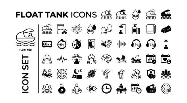 Float Tank Sensory Deprivation Icon Set Float Pod Epsom Salt Buoyancy Ear Plug Pre Float Shower Session Timer Darkness Silence Magnesium Theta Wave Post Float Rest Vector