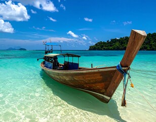 Fototapeta premium Wooden boat moored in crystal clear, turquoise water with blue sky & scattered clouds, tropical island backdrop