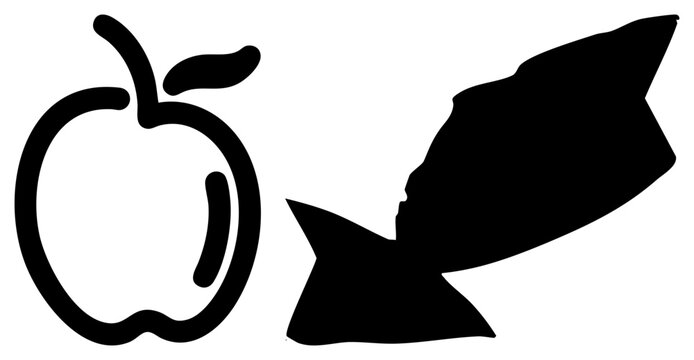 This simple graphic features a stylized pome or piece of fruit alongside a large silhouette. This fruit and jagged shape create a stark high contrast composition.