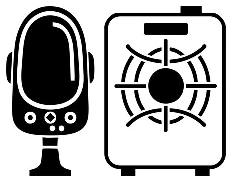 This sleek set features a classic condenser mic, often called a radio vox or studio pill, paired with a compact processor unit. The solid black shapes create a clean, modern aesthetic.