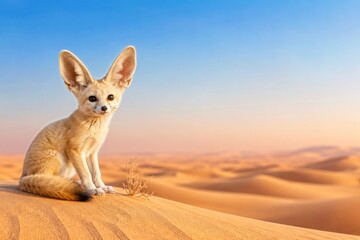 Naklejka premium Fennec Fox Sitting on Sand Dune With Desert Copy Space