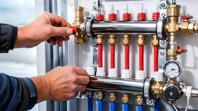 Underfloor heating manifold, plumber hands adjusting radiant heat system