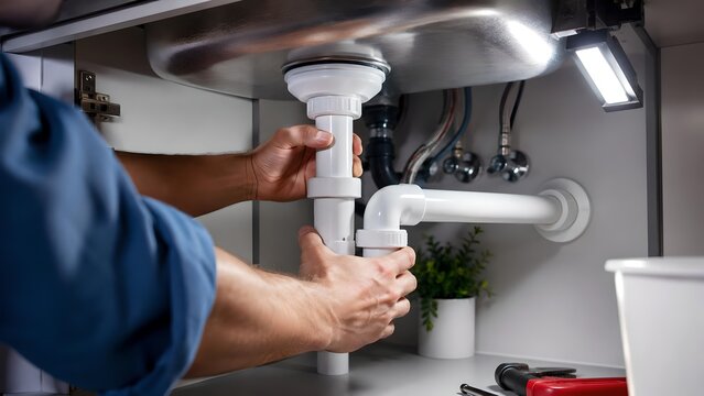 Professional plumber fixing kitchen sink, repairman installing drain pipe