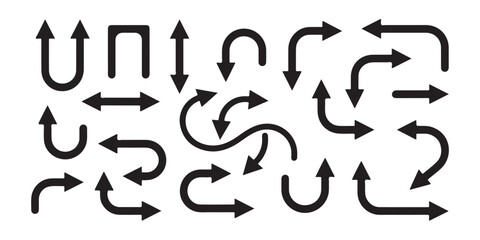 Fototapeta premium Set of black arrow icons featuring curved straight and U turn shapes for web interface navigation.