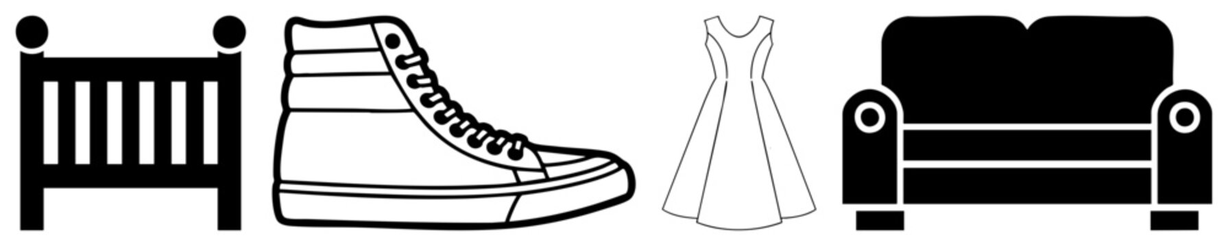 Collection of essential items including a baby cot, a high top sneaker, a summer dress, and a comfy sofa. This set features a nursery crib, a kicks shoe, a gown, and lounge furniture.