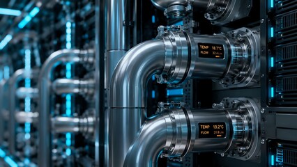 Fototapeta premium Industrial liquid cooling system, server room pipes, data center hardware