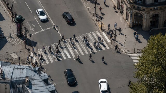 Aerial View Urban Intersection Diverse Pedestrians, Commuters Crossing Zebra Crosswalk, Cars Paused At Signals, Sunlit Rooftops Casting Long Shadows, Diagonal Rooftop Perspective, Rhythmic