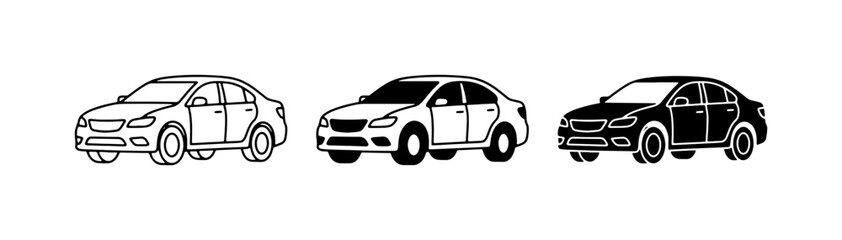Fototapeta premium Three Sedan Cars, Black and White Line Art Icons, Automotive Transport Collection