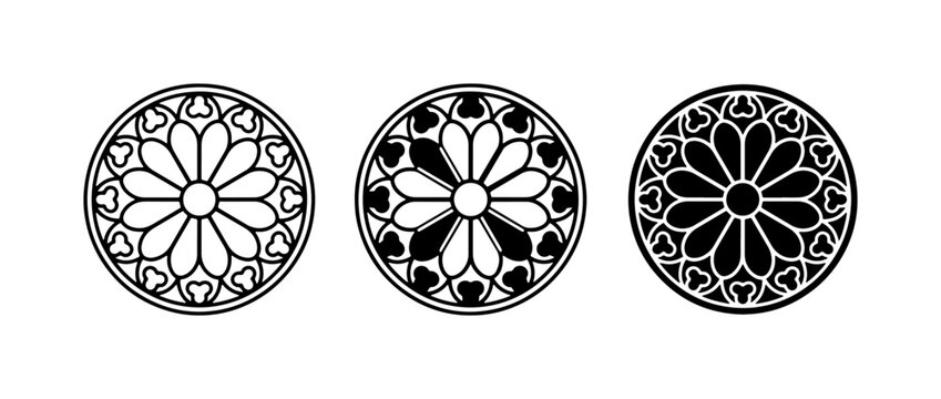 Gothic Rose Window Vector Icons, Architectural Ornate Circular Designs, Medieval Stained Glass Patterns
