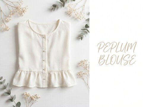 Elegant white peplum blouse with buttons, minimalist feminine apparel flat lay, stylish cream ruffled shirt with floral accents for fashion retail