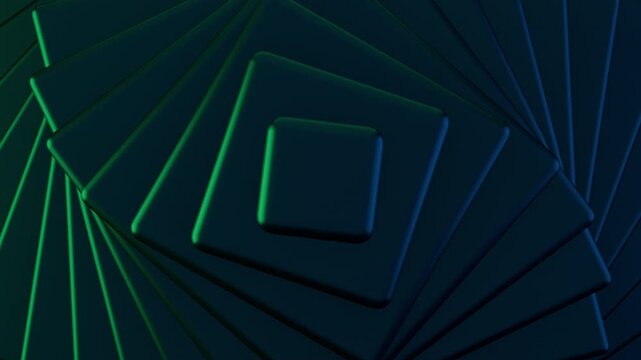 Abstract 3D dark emerald green metallic layers rotating loop. Elegant geometric square spiral tunnel background. Luxury jade metallic texture spinning graphics 4K.