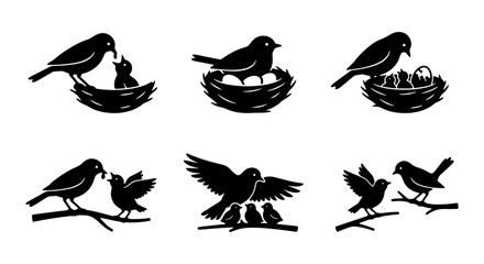 Bird Family Silhouettes: Nesting, Feeding, and Fledglings, Vector Icons for Nature and Wildlife Themes © Tumpa