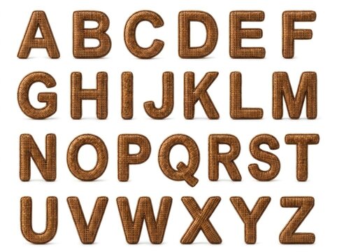 Rustic alphabet letters on white background.