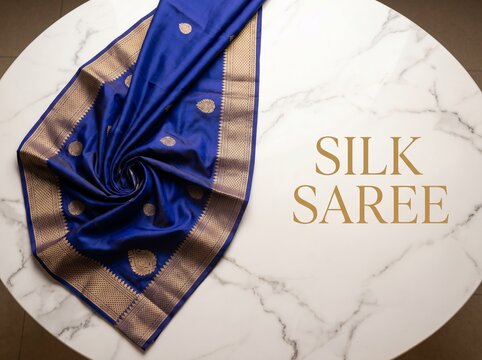 Royal blue silk saree with gold zari border, elegant Indian ethnic wear on white marble background, luxury traditional textile for wedding fashion