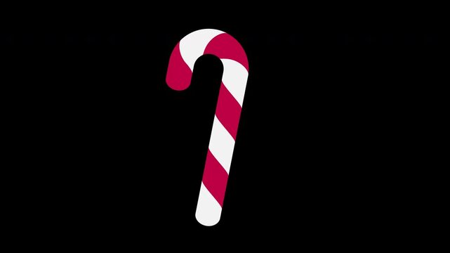 Candy cane with striped animation. Rotating candy canes animation. Cartoon candy cane. Elements for greeting card. Transparent background with alpha channel