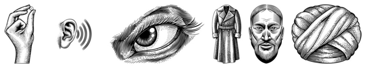Obraz premium Collection of detailed woodcut style engravings featuring a human eye, an ear, a bearded man, and a turban. This set includes a hand gesture, a long coat, and various anatomical sketches.
