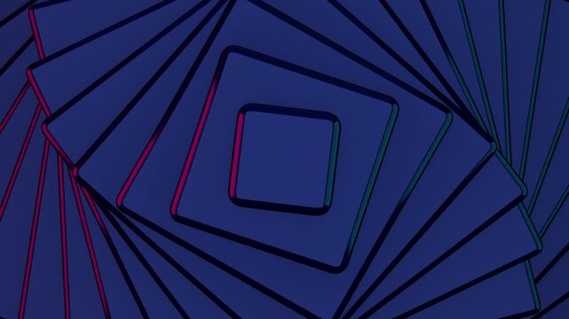 Futuristic 3D dark blue square layers rotating loop with neon pink edges. Cyber geometric spiral tunnel background. Modern technology spinning motion graphics 4K.