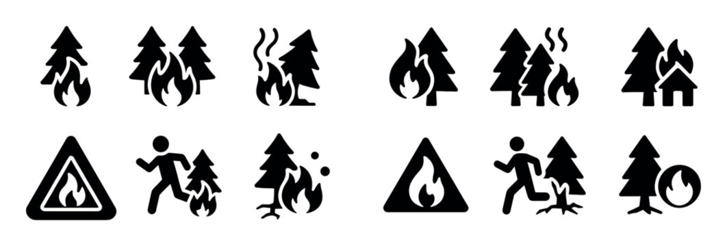 Wildfire icons with tree flame smoke minimal