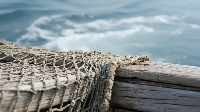 Weathered fishing net on wooden boat edge shown in slow motion macro detail for coastal industry documentary footage