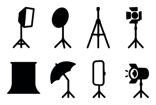 Photography icons with softbox umbrella tripod silhouette