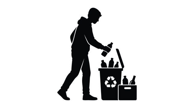 Young man placing a plastic bottle into a recycling bin for environmental sustainability and conservation