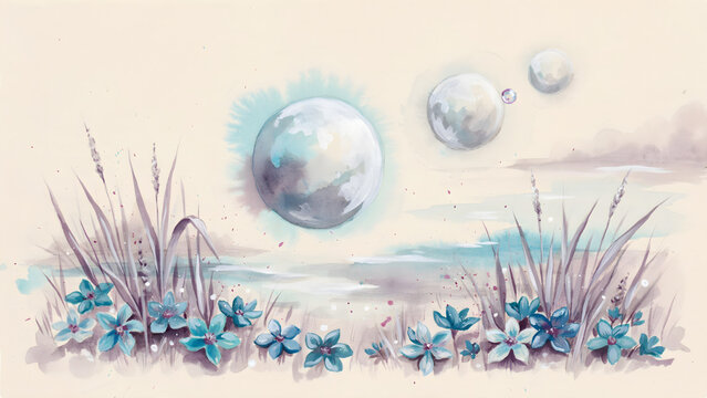 Abstract watercolor surreal landscape background with metallic floating orbs and blue flowers
