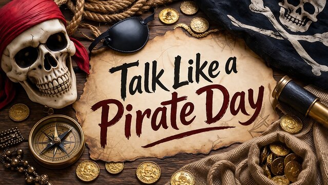 Talk like a pirate day background with skull, treasure map and gold coins