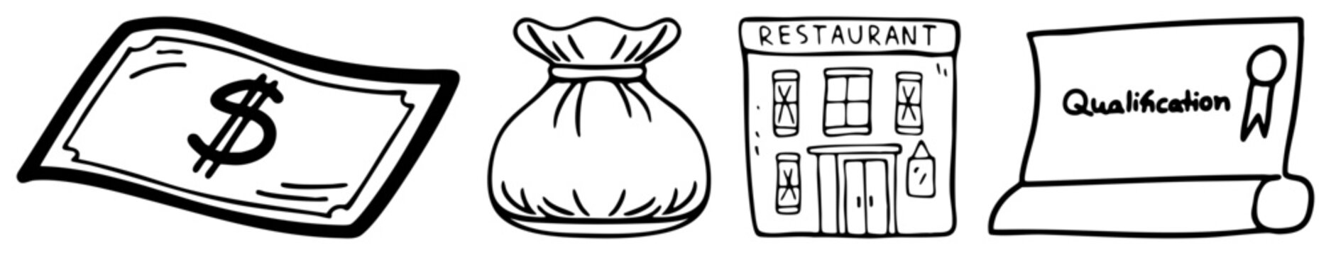 Collection of playful art featuring a greenback banknote, a heavy money sack, a local eatery building, and a formal qualification parchment. These doodles include a cash bag and a diploma roll.
