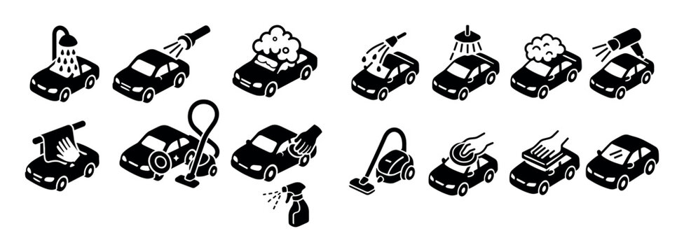 Car wash icons with sponge brush vacuum flat