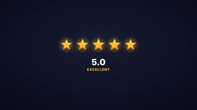 Animated five star rating with gold stars filling up to excellent score for customer review
