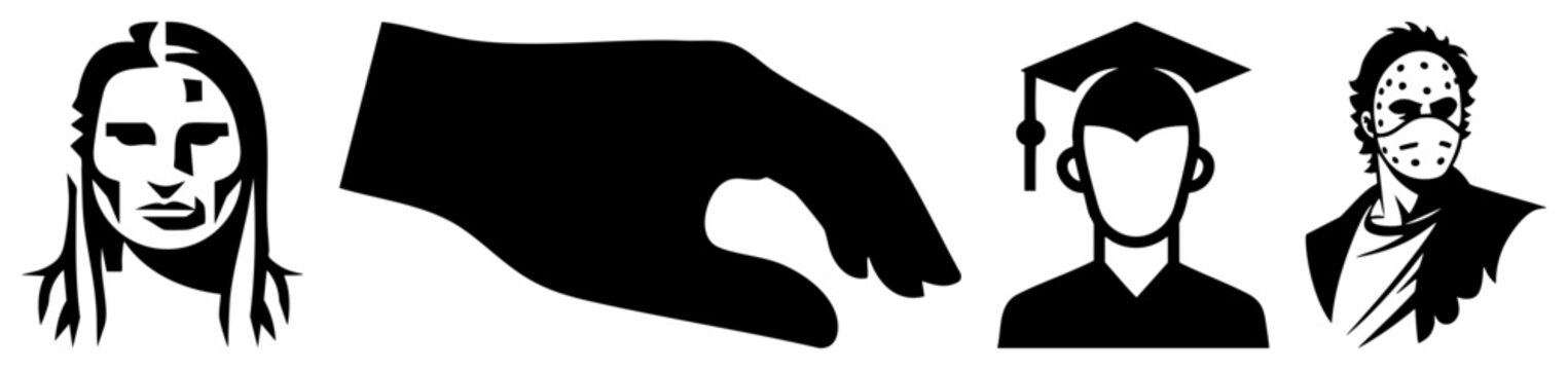 Diverse set of black silhouettes featuring a native chieftain, a reaching human hand, a graduate student, and a masked slasher. This stencil kit includes a steady palm and a scholar profile.