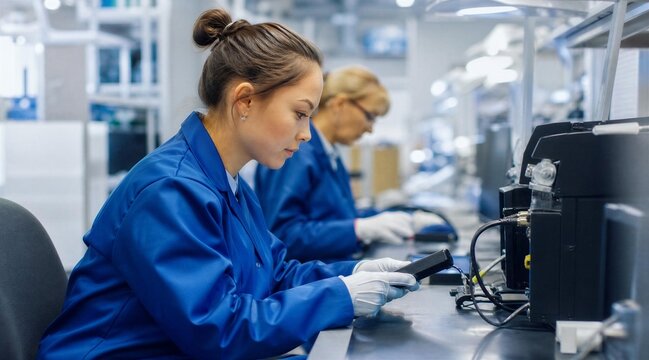 Female Electronics Technician Assembling Components in Modern Factory