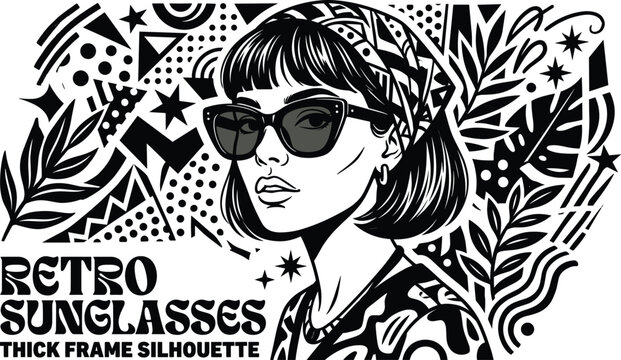 Retro style illustration featuring a woman wearing thick frame sunglasses surrounded by abstract geometric and tropical patterns.