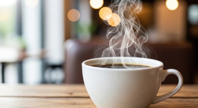 Steaming Hot Coffee in a White Mug on a Wooden Table.