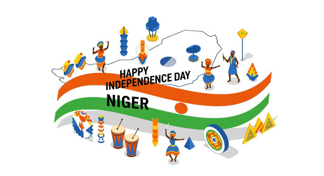 Niger Independence Day celebration with isometric map and traditional dancers