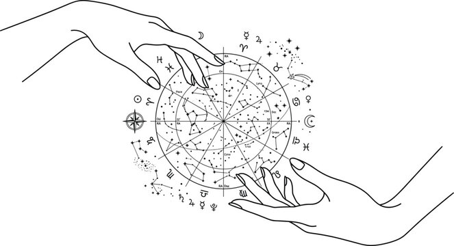 Black and white line art illustration of human hands holding a mystic astrological star chart and zodiac symbols