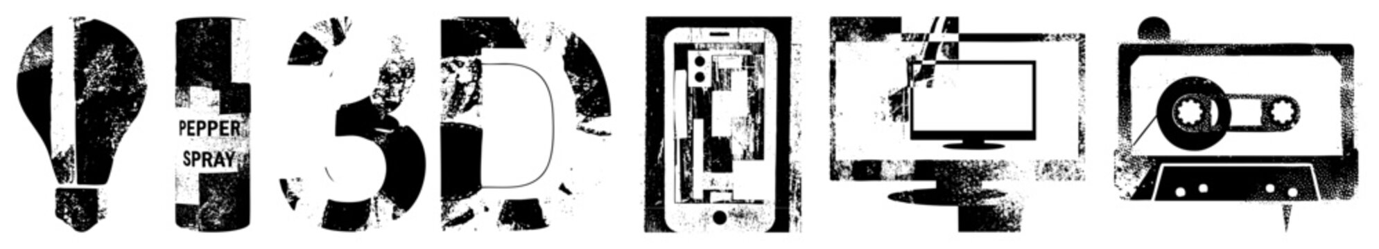 Distressed tech featuring a lightbulb, spray can, numbers, smartphone, monitor, and vintage projector. These grit style elements, including a movie reel and celluloid, use heavy halftone texture