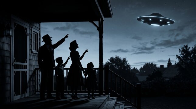 Family silhouetted on a porch at dusk, pointing at a UFO hovering in the night sky above their home, evoking wonder and mystery