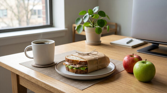 Healthy office lunch on a wooden desk featuring a cup of black coffee, a fresh sandwich, and green apples, minimalist workspace snack concept