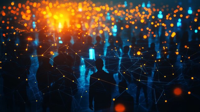 Silhouettes of diverse people connected through a glowing digital network in a vibrant urban environment