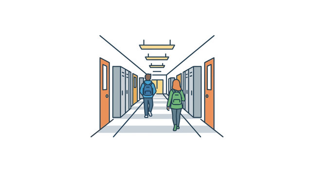 Two students walking down school hallway.