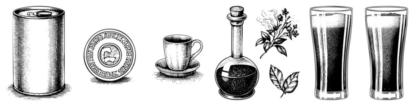 Collection of etched illustrations featuring a tin can, a decanter, and tall glasses. This set includes a small coffee cup, a leafy branch, and a metal tin, perfect for rustic cafe themes.