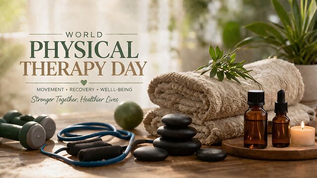 World physical therapy day concept with exercise equipment and spa items