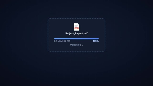 Animated file upload interface with drag and drop zone progress bar and complete confirmation
