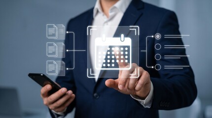 Fototapeta premium Businessman interacting with a digital calendar interface, managing business documents and scheduling tasks in a modern office environment