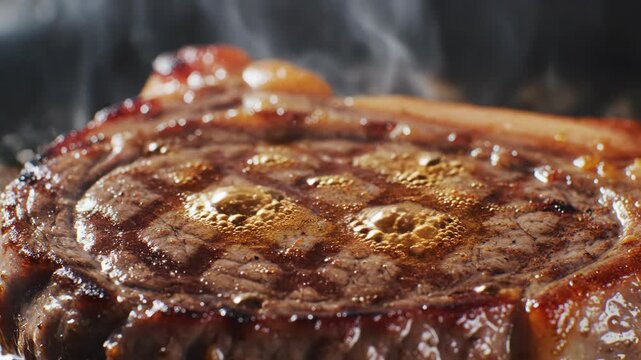 Caramelized Searing Steak Surface with Bubbling Oil in Extreme Close-Up