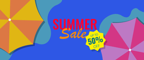 Fototapeta premium Summer sale banner with colorful beach umbrellas, bright blue background, and discount offer text vector illustration.
