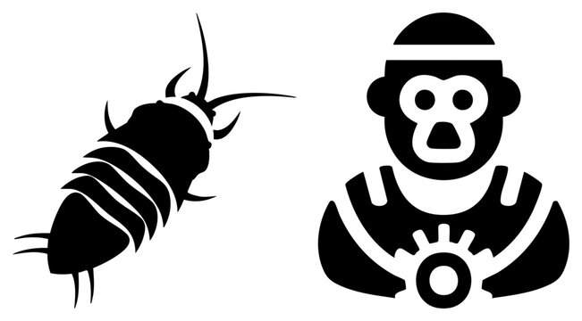 This graphic features a silhouetted roach or bug, alongside a stylized primate figure. This duo of a creepy crawly and a monkey uses bold black shapes for a striking visual impact.