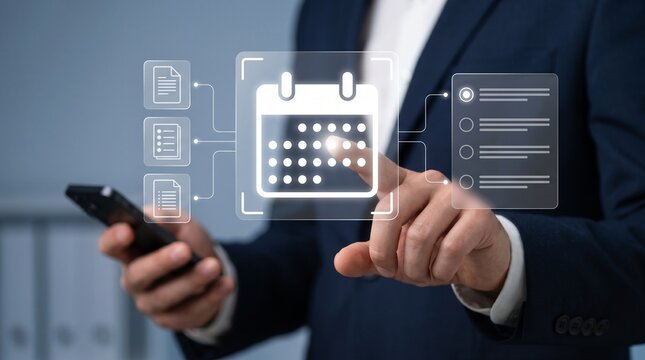 Businessman interacting with a digital calendar interface, managing tasks and scheduling appointments with a smartphone in a professional office setting