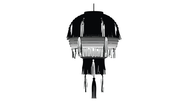 Black and white illustration of a decorative hanging lantern with multiple tiered layers of fringe and tassels, presenting an elegant and traditional lighting fixture design.